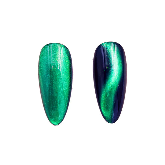 green wave aqua stream magnetic color travel pigment nail effect on black nail tip with visible magnetic color shift