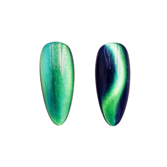 bright green aqua stream magnetic color travel pigment nail effect on black nail tip with visible magnetic color shift