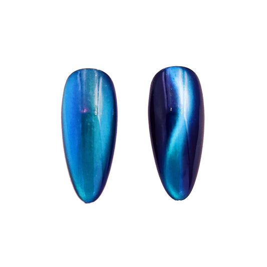 aqua flow deep ocean magnetic color travel pigment nail effect on black nail tip with visible magnetic color shift