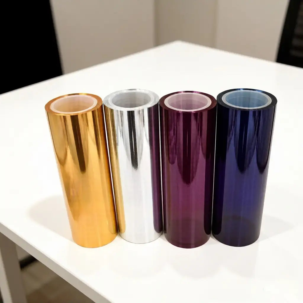 colored automotive wrap films displayed on white table with metallic pigment finish