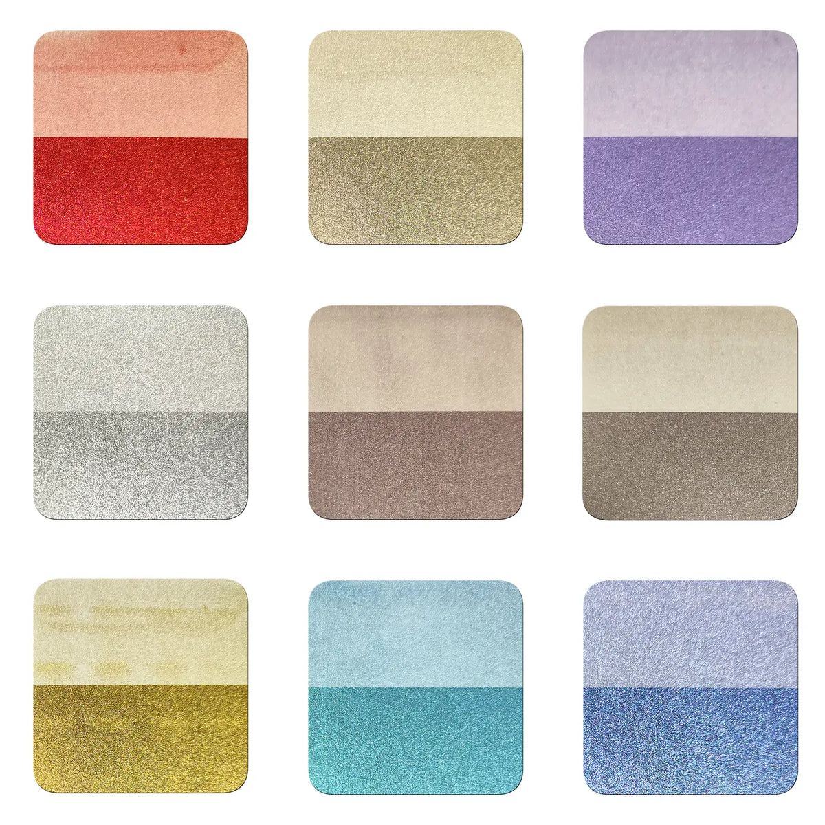 Black and white drawdown cards showing opacity and magnetic color effects of 9 magnetic pigments