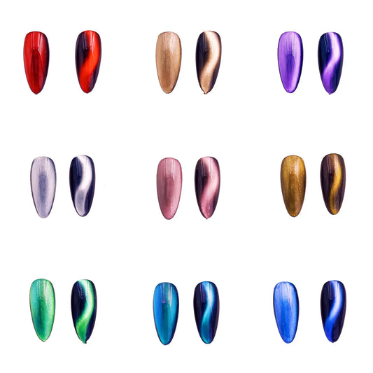 Cat-eye nail effect swatches showing 9 magnetic pigment colors from the sample pack