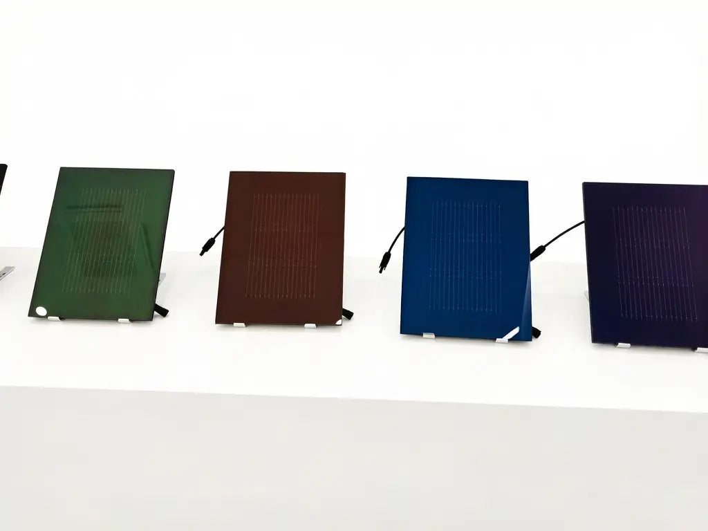 colored BIPV photovoltaic panels displayed on white table with reflective pigment surface