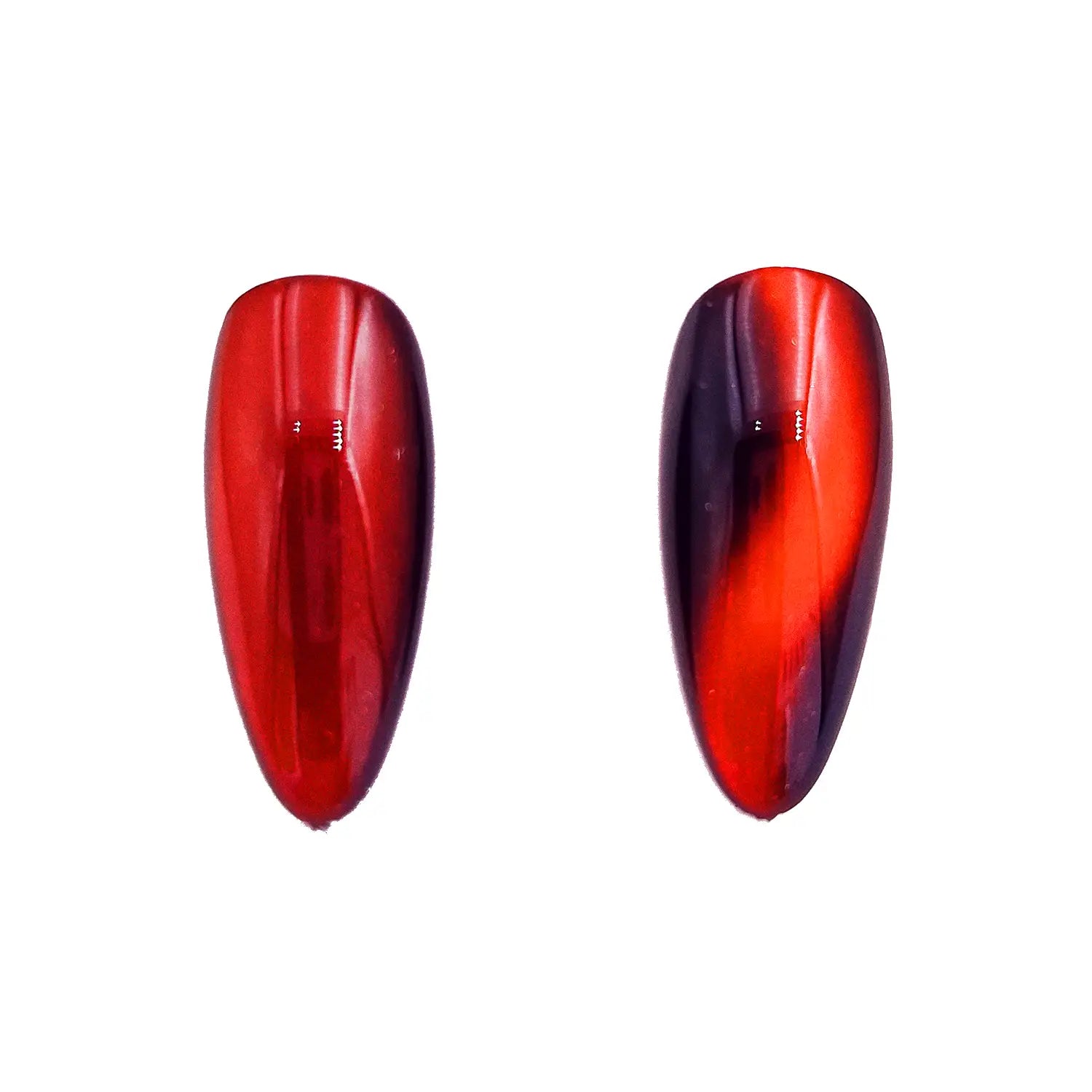 ruby flame magnetic chrome pigment nail effect on black nail tip with visible magnetic reflective pattern