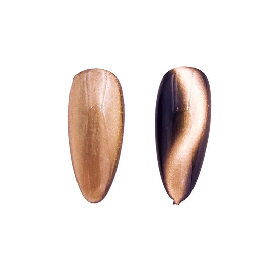 ochre gold magnetic chrome pigment nail effect on black nail tip with visible magnetic reflective pattern
