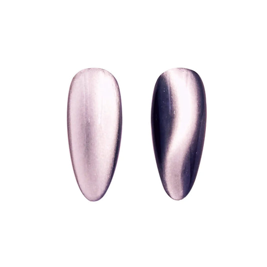 rose silver magnetic chrome pigment nail effect on black nail tip with visible magnetic reflective pattern