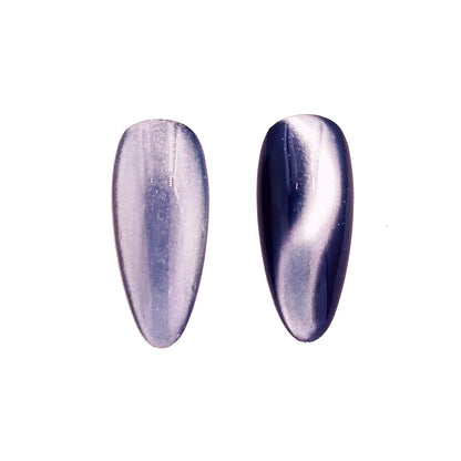 arctic silver magnetic chrome pigment nail effect on black nail tip with visible magnetic reflective pattern