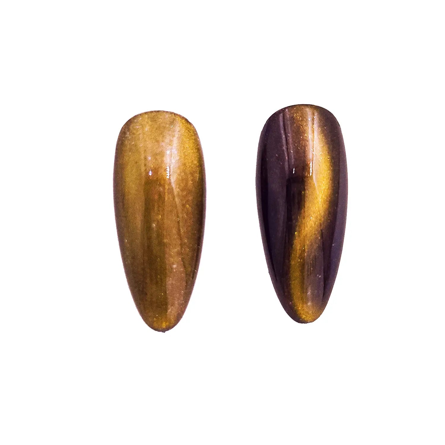ochre yellow moss green magnetic color travel pigment nail effect on black nail tip with visible magnetic color shift