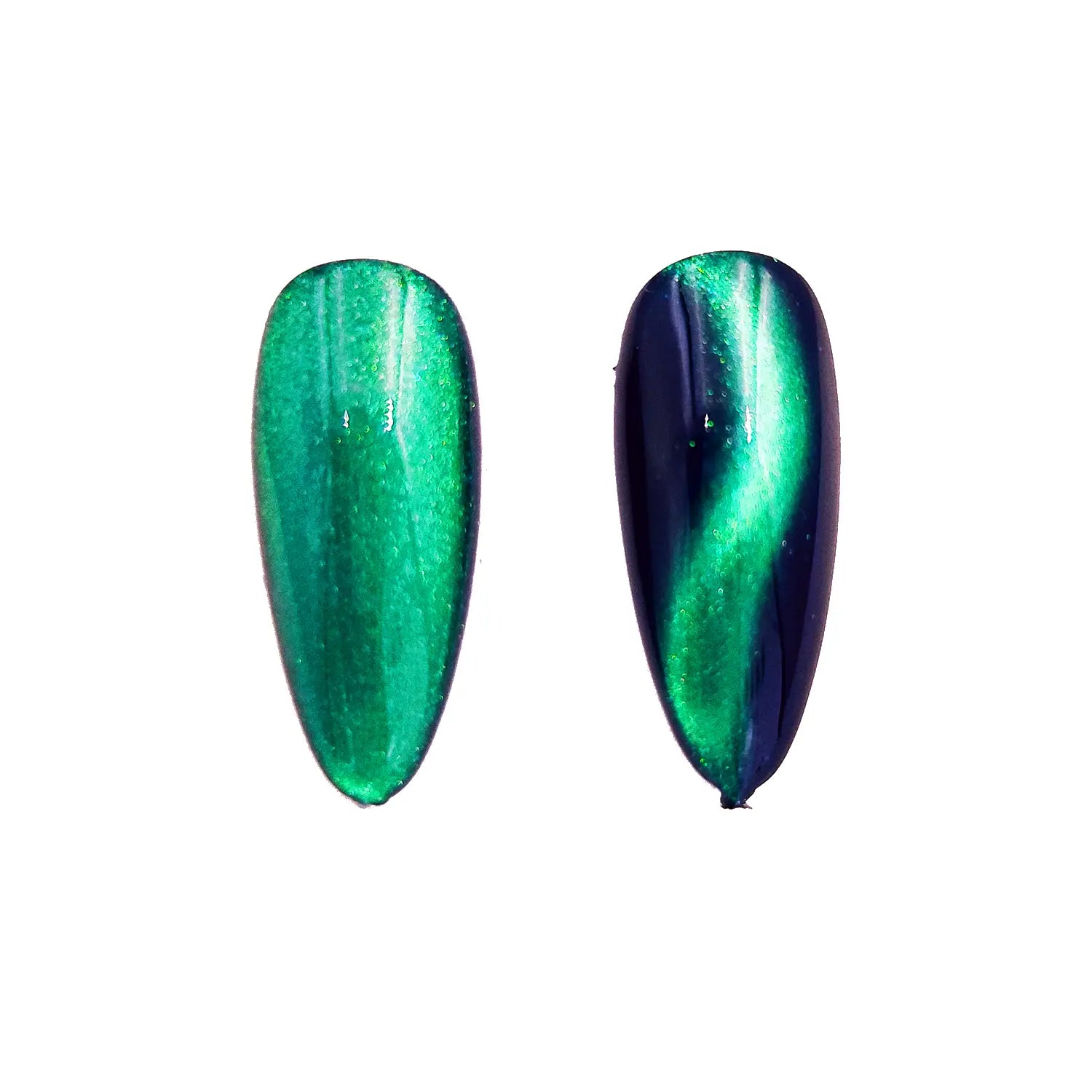green wave aqua stream magnetic color travel pigment nail effect on black nail tip with visible magnetic color shift