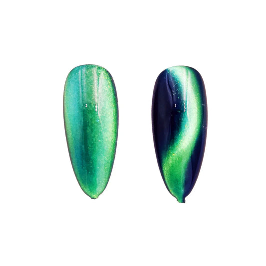 bright green aqua stream magnetic color travel pigment nail effect on black nail tip with visible magnetic color shift