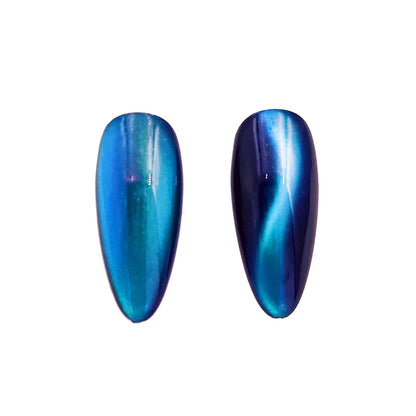 aqua flow deep ocean magnetic color travel pigment nail effect on black nail tip with visible magnetic color shift
