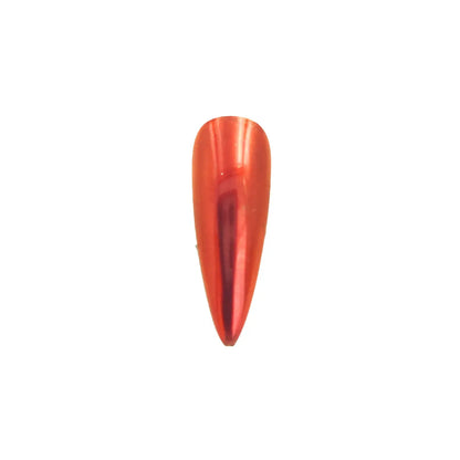 ruby scarlet chrome metallic pigment nail effect on black nail tip with high-shine metallic red finish