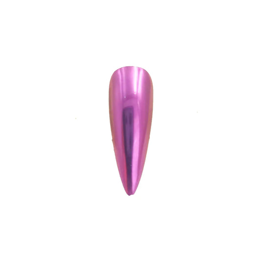 rose magenta chrome metallic pigment nail effect on black nail tip with vibrant metallic pink finish