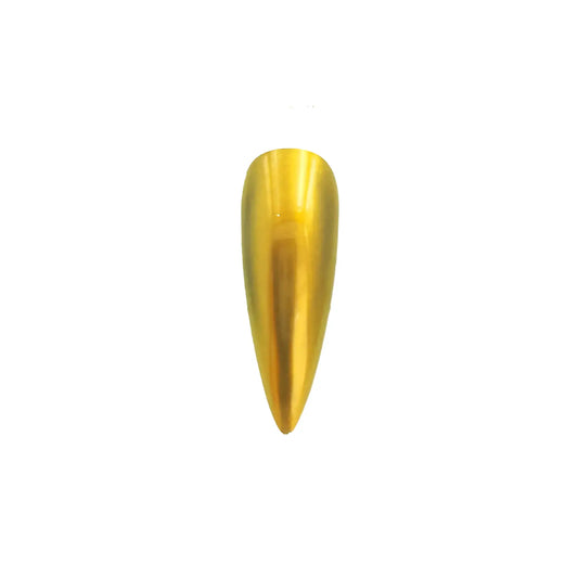 golden amber chrome metallic pigment nail effect on black nail tip with warm metallic gold finish