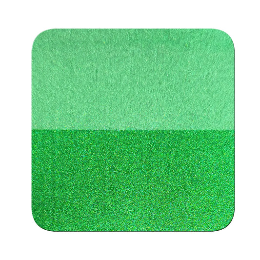 emerald green chrome metallic pigment on black and white contrast chart showing coverage difference