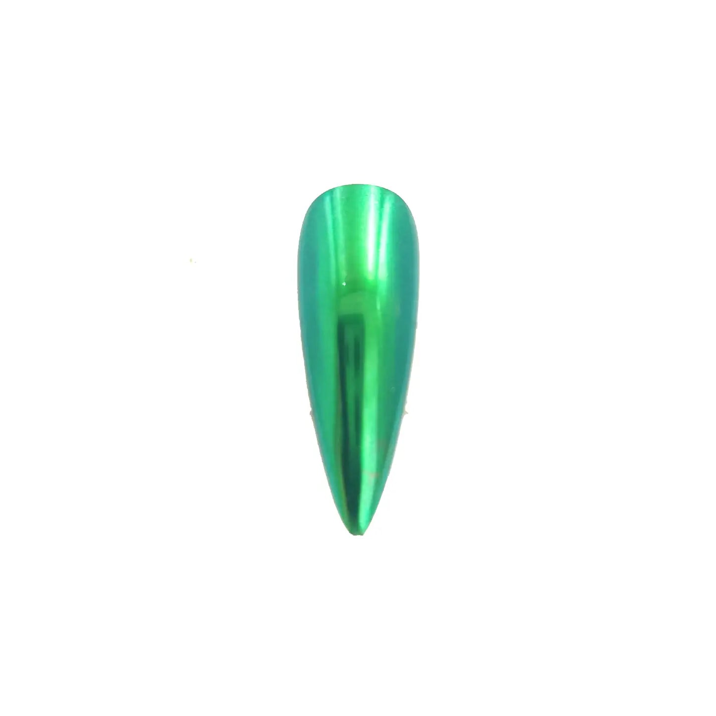 emerald green chrome metallic pigment nail effect on black nail tip with reflective metallic green finish