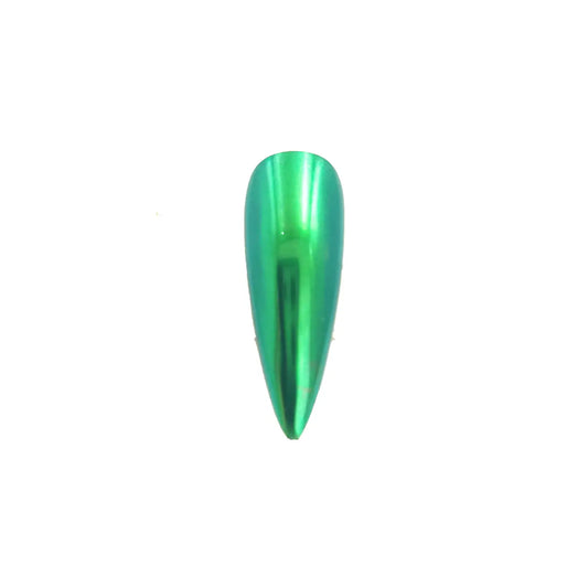 emerald green chrome metallic pigment nail effect on black nail tip with reflective metallic green finish