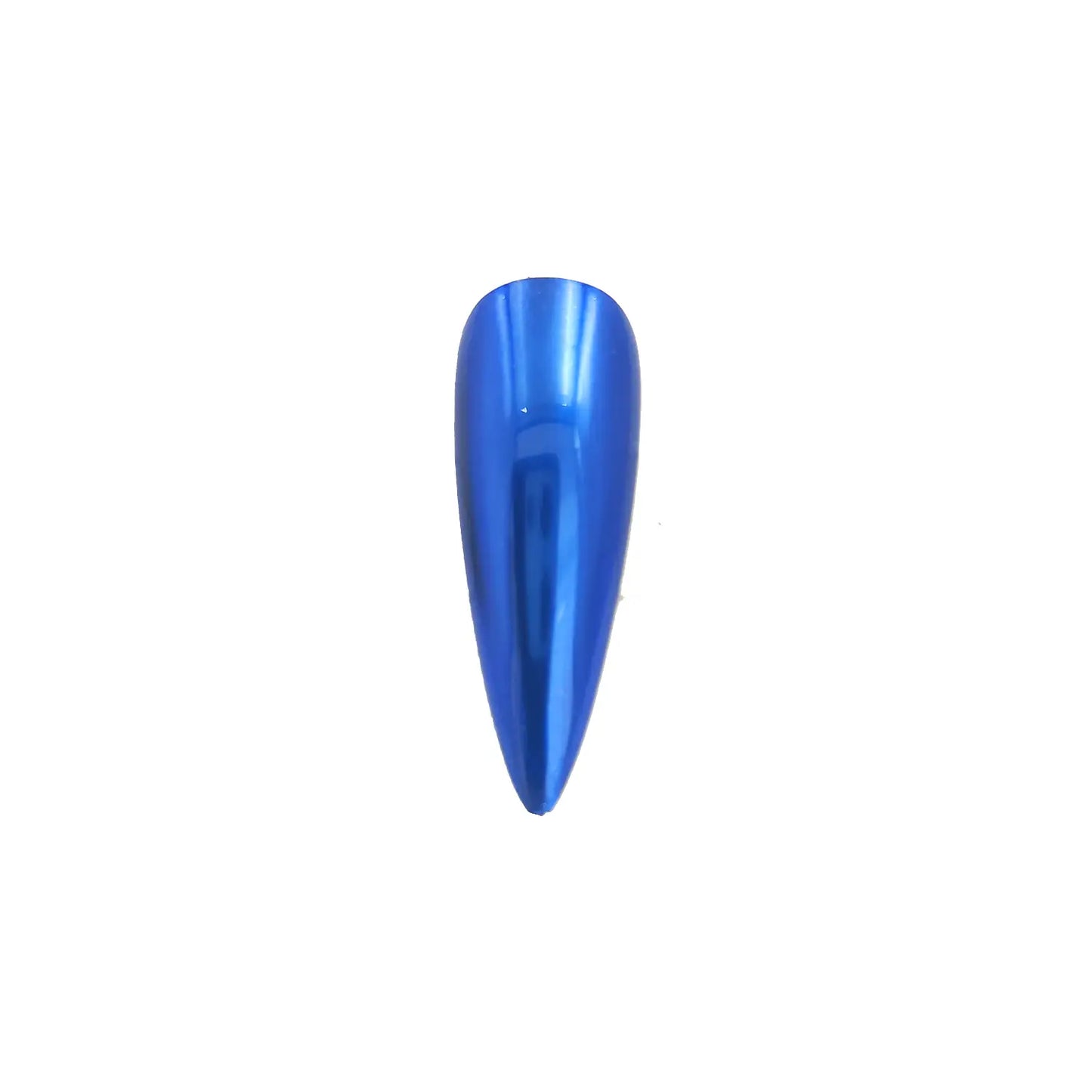 sapphire blue chrome metallic pigment nail effect on black nail tip with glossy metallic blue finish