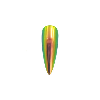 pink aurora lime glow opaque color travel pigment nail effect on black nail tip with visible pink to lime color shift