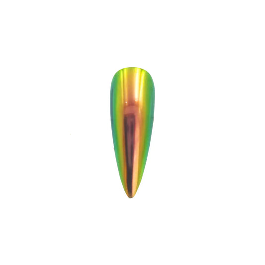 pink aurora lime glow opaque color travel pigment nail effect on black nail tip with visible pink to lime color shift