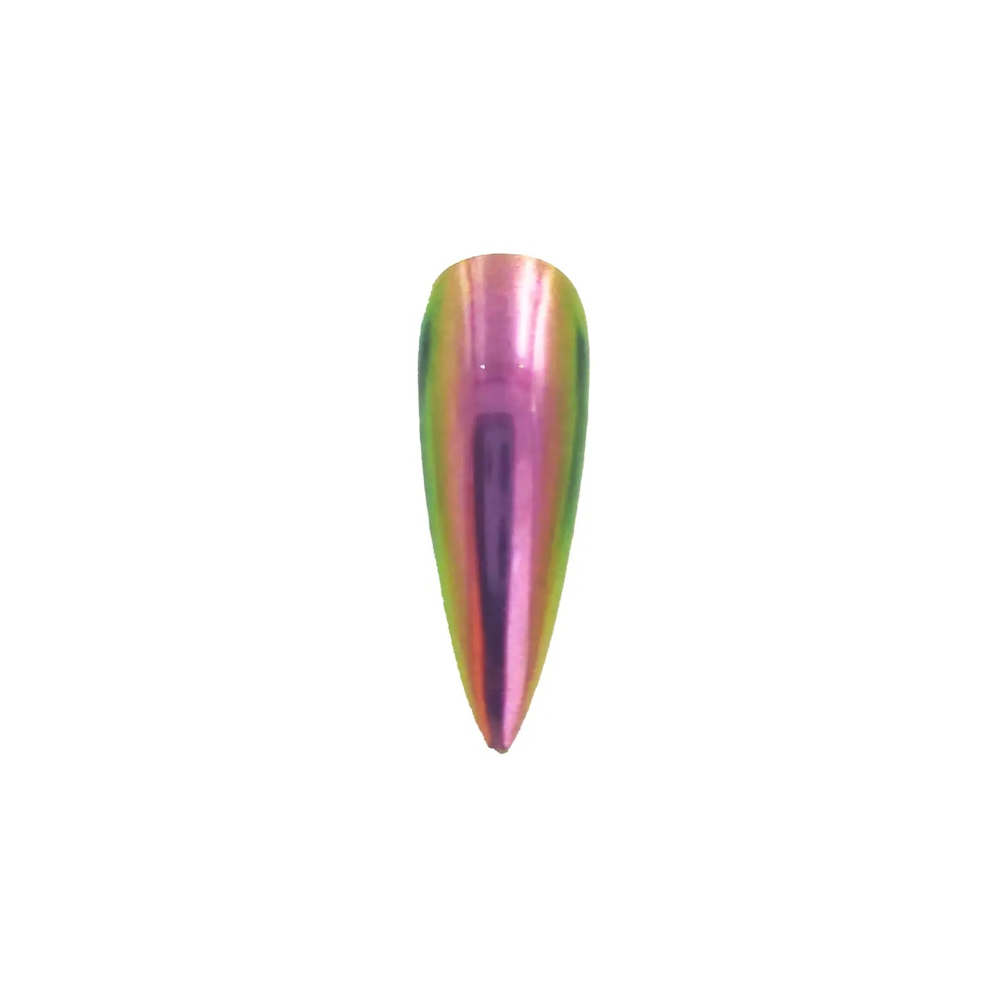 magenta flame luminous lime opaque color travel pigment nail effect on black nail tip with visible magenta to lime color shift