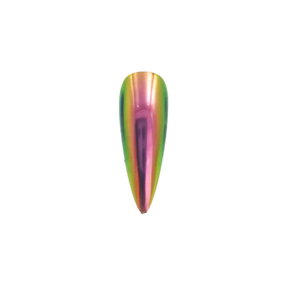 orchid crimson lime glow opaque color travel pigment nail effect on black nail tip with visible purple red to lime color shift