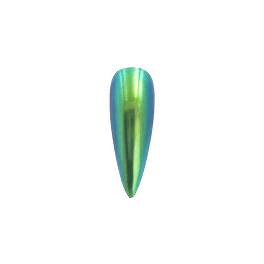 citrus green aqua cyan opaque color travel pigment nail effect on black nail tip with visible green to cyan color shift