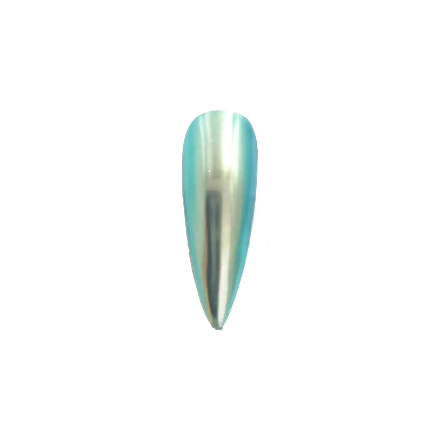 silver frost aqua blue opaque color travel pigment nail effect on black nail tip with visible silver to blue color shift