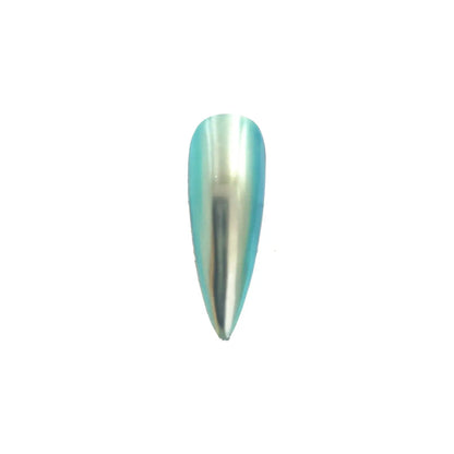 silver frost aqua blue opaque color travel pigment nail effect on black nail tip with visible silver to blue color shift