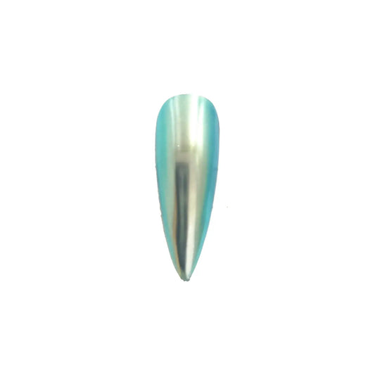 silver frost aqua blue opaque color travel pigment nail effect on black nail tip with visible silver to blue color shift