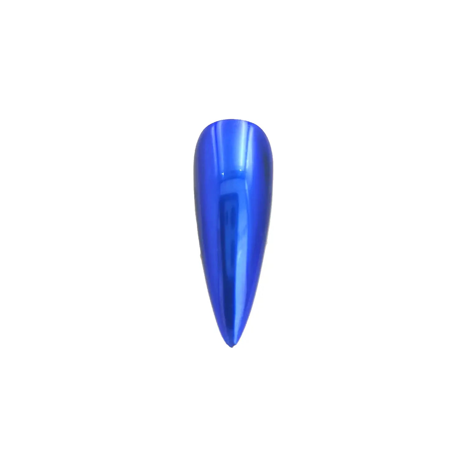 ocean sapphire translucent chrome pigment nail effect on black nail tip with deep blue chrome reflection and translucent finish