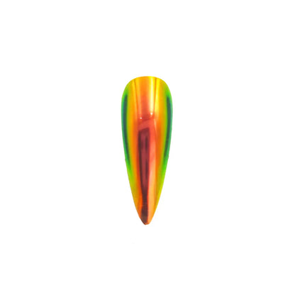 copper red lime green translucent color travel pigment nail effect on black nail tip with visible copper to green color shift