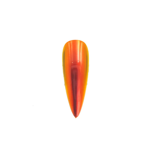 coral ember amber glow translucent color travel pigment nail effect on black nail tip with visible coral to amber color shift