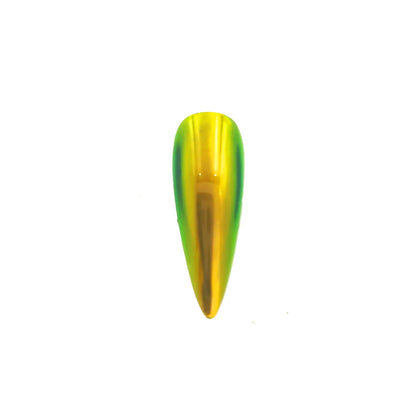 solar yellow mint green translucent color travel pigment nail effect on black nail tip with visible yellow to green color shift