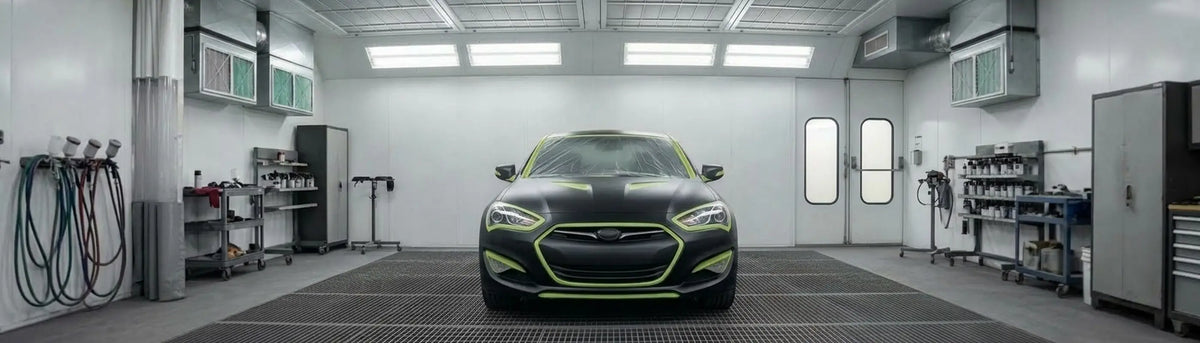 Sports car prepared for custom painting inside a professional automotive spray booth