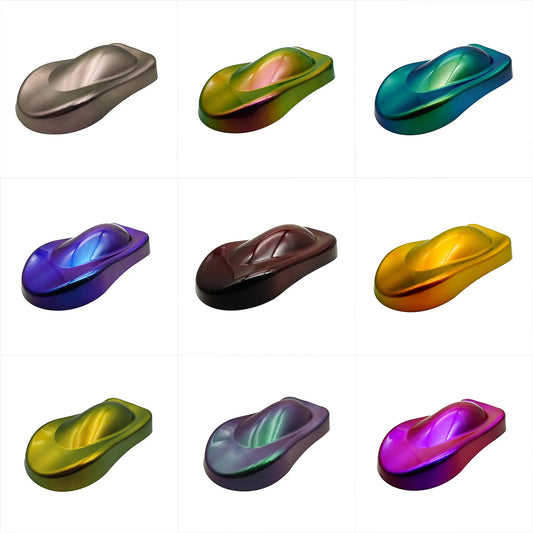 Automotive spray-out panels showing 9 color shift pigment effects from the sample pack