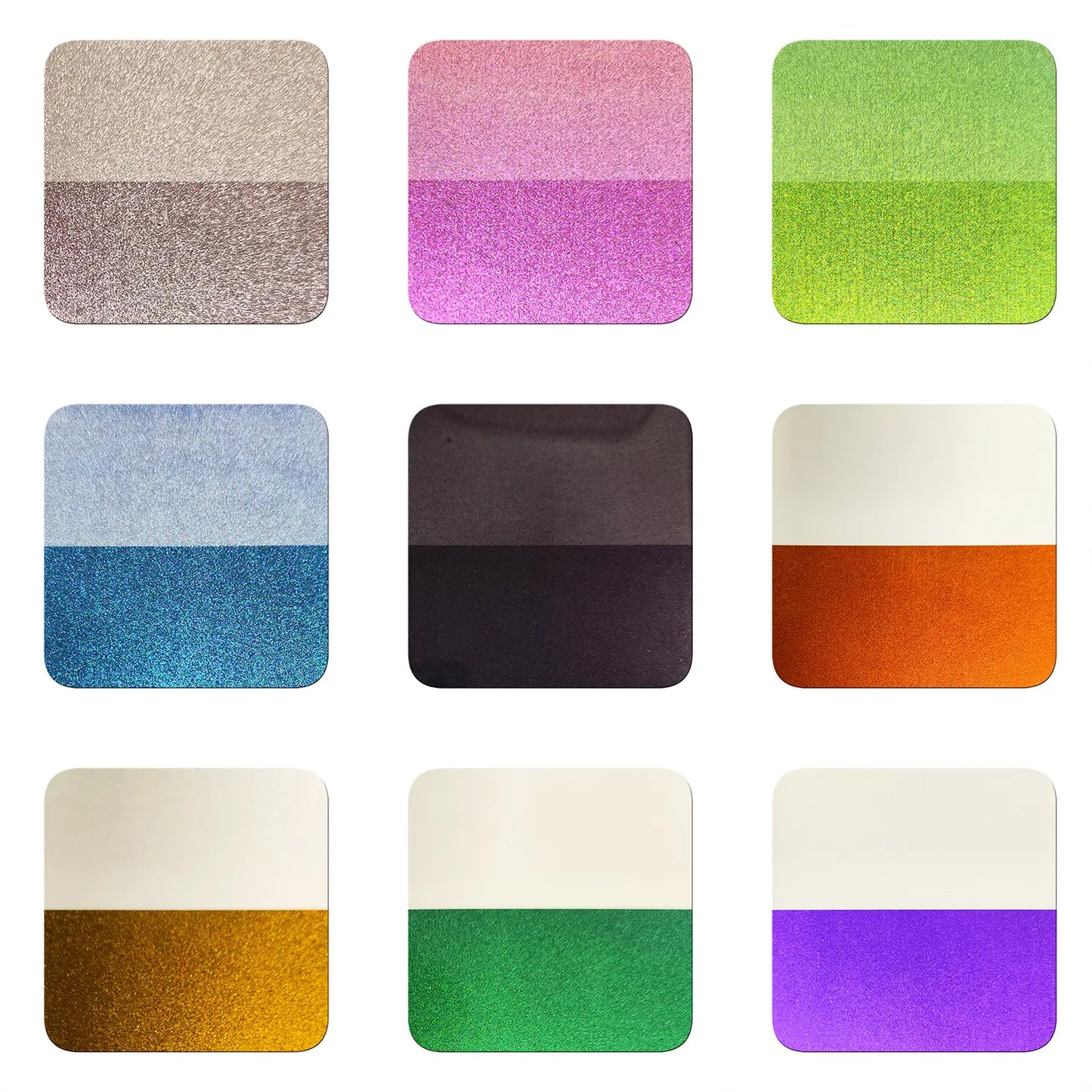 Black and white drawdown cards showing opacity and color travel of 9 color shift pigments