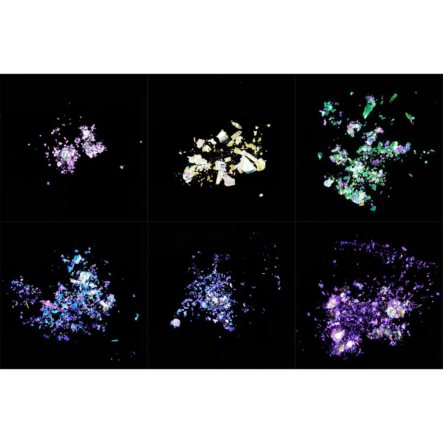 Effect Flake Sample Pack showing 6 optical flake pigments dispersed on black background for visual texture and reflectivity