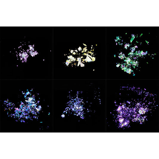 Effect Flake Sample Pack showing 6 optical flake pigments dispersed on black background for visual texture and reflectivity