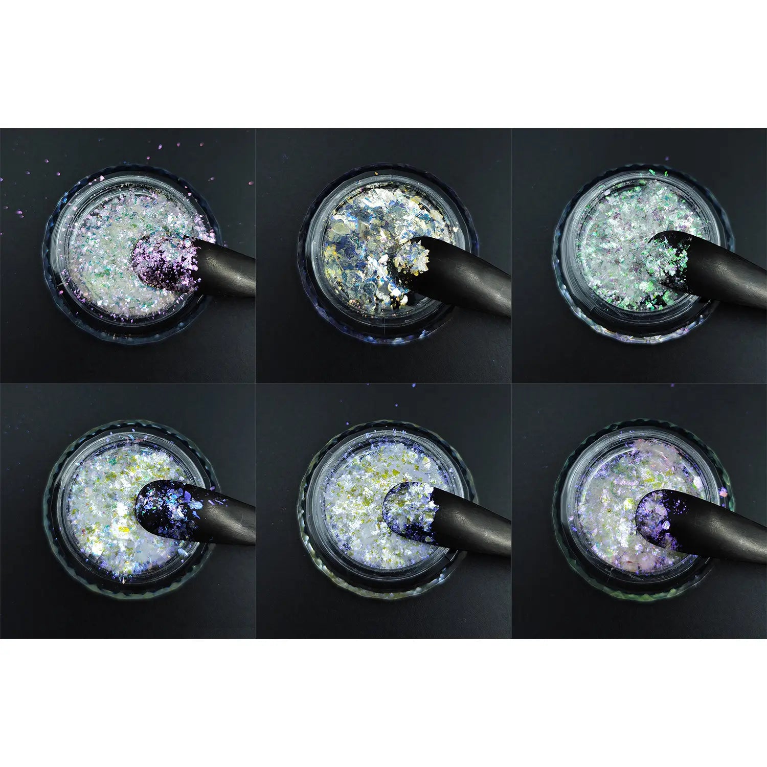 Effect Flake Sample Pack showing 6 optical flake pigment powders in raw powder form