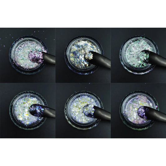 Effect Flake Sample Pack showing 6 optical flake pigment powders in raw powder form