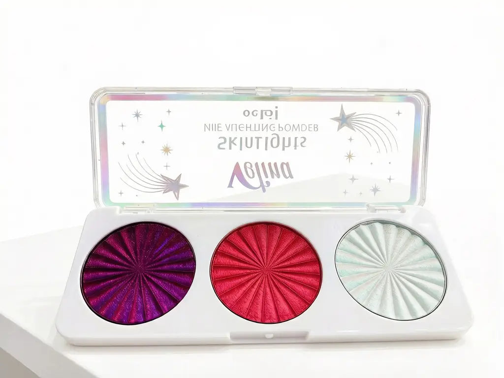 eyeshadow palette with brown red and silver metallic shimmer finish