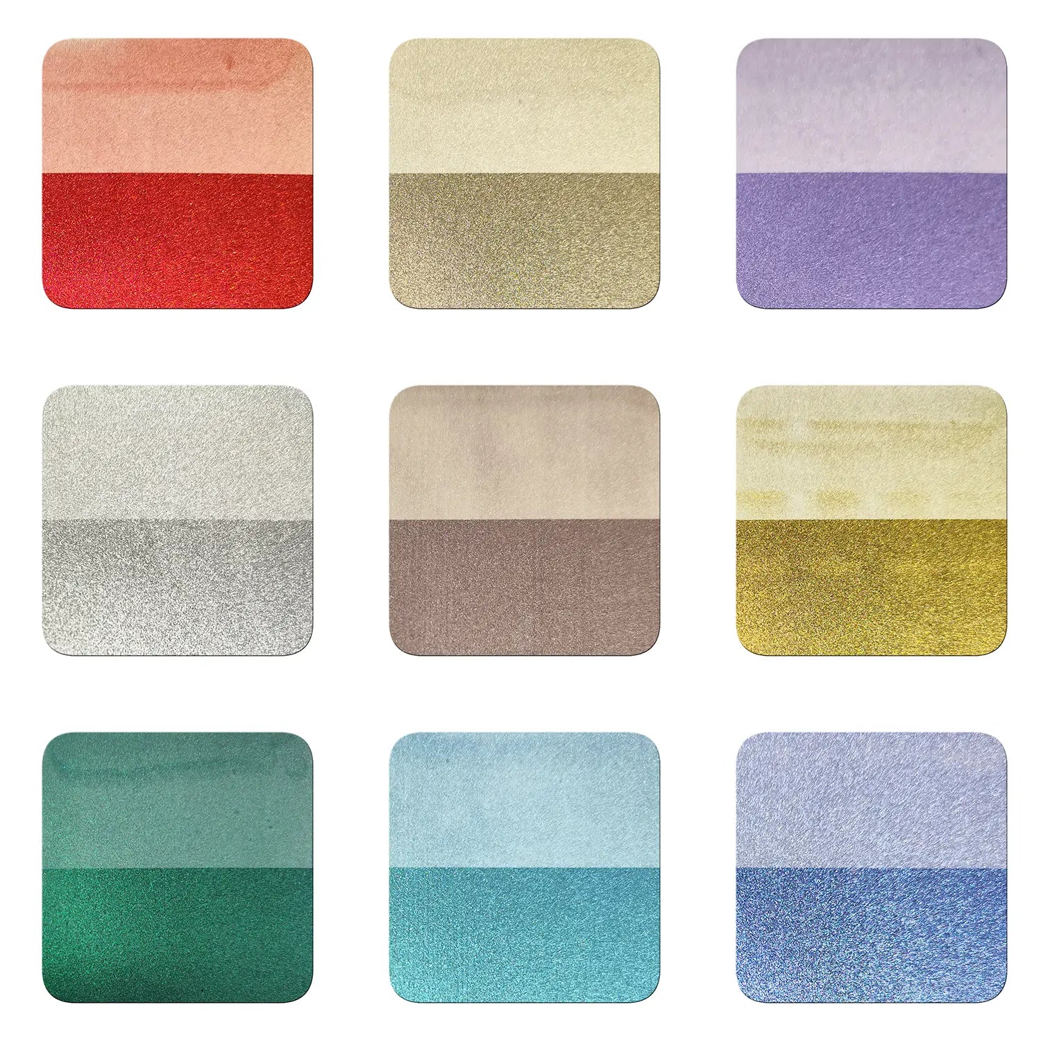 Black and white drawdown cards showing opacity and magnetic color effects of 9 magnetic pigments