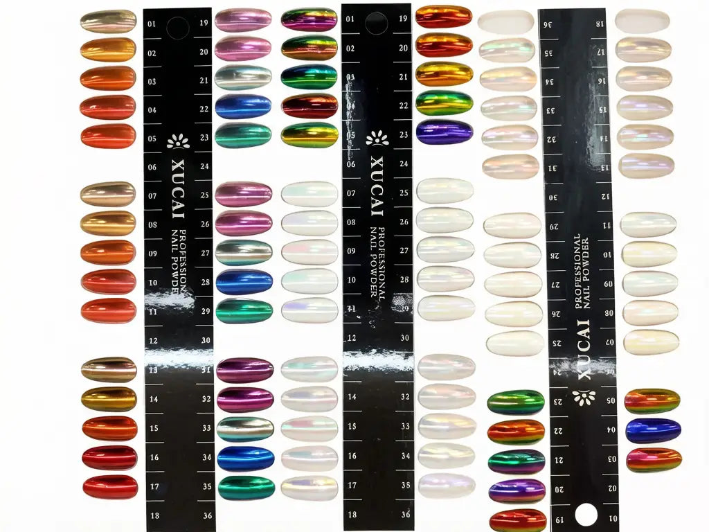 nail art samples featuring optical chrome pigments and aurora effect finishes