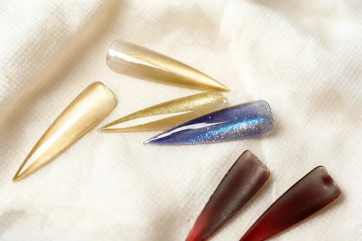 cat eye nail samples with multi color magnetic shimmer effect