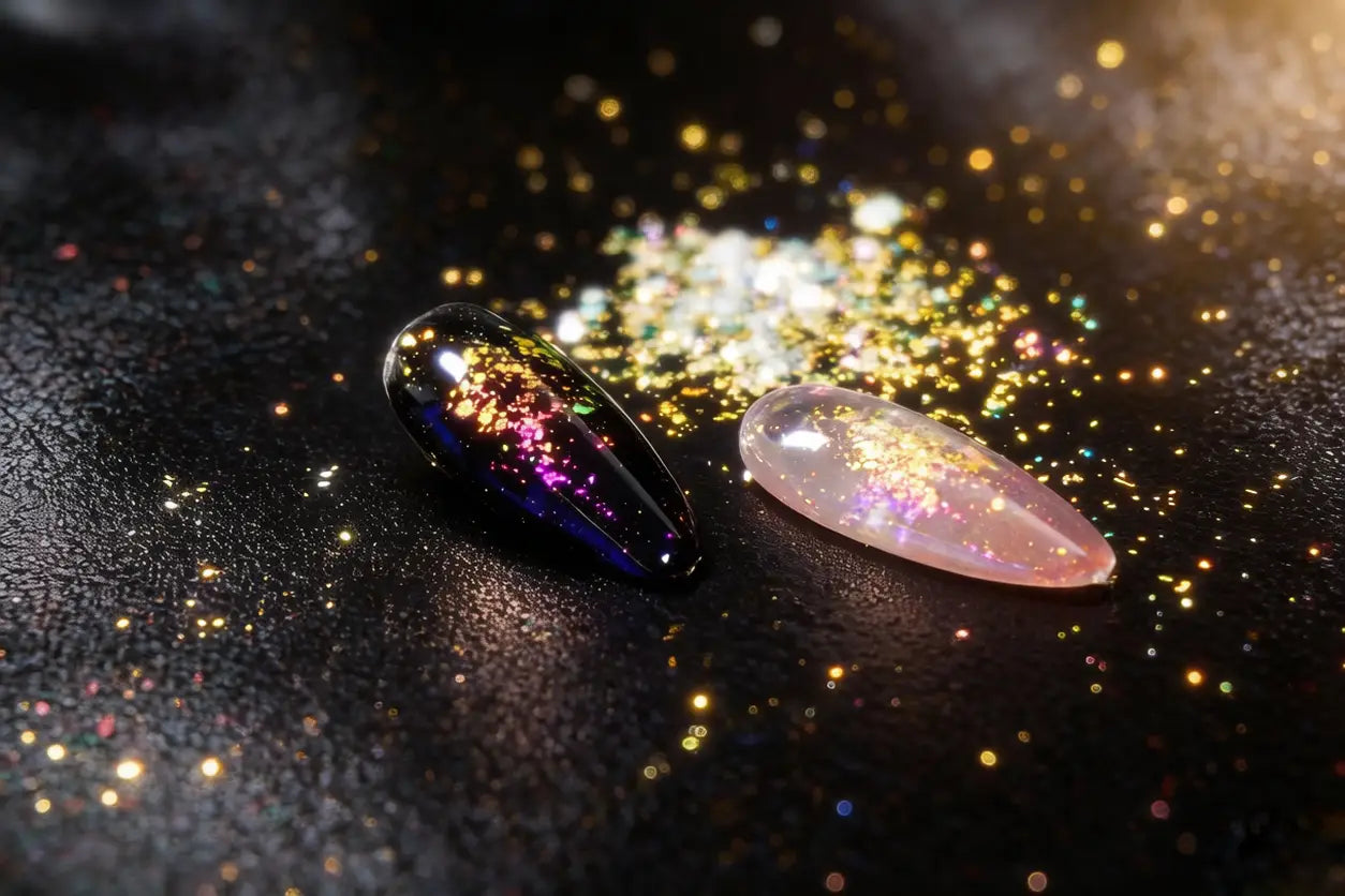 nail tips decorated with reflective color travel flakes on black surface