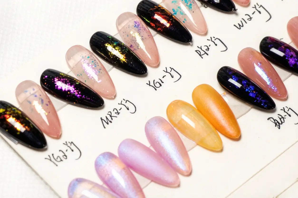 nail display board with decorative color travel flake finishes