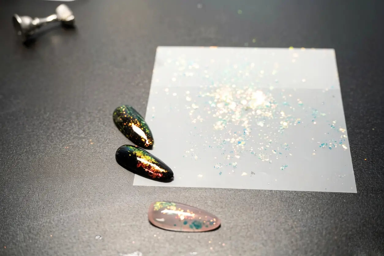 nail tips with layered color travel flake decoration on black background