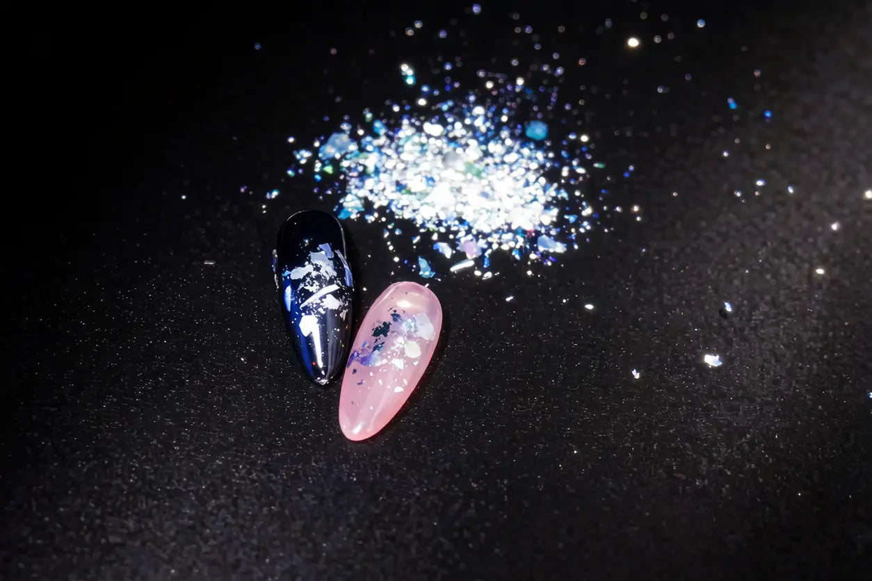 decorative nail tips with reflective flake pigment accents