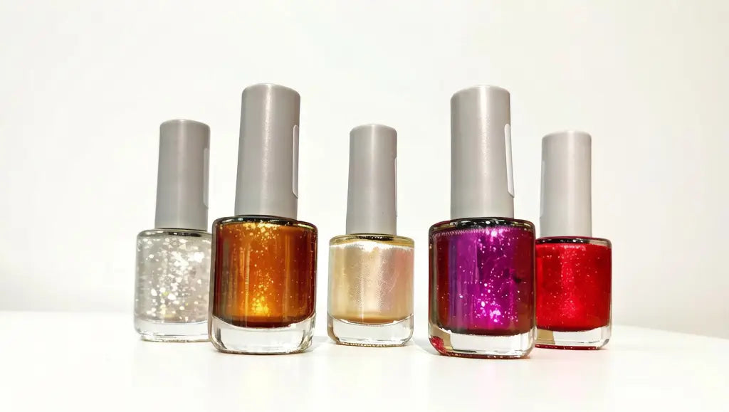 nail polish bottles with metallic and reflective pigment colors